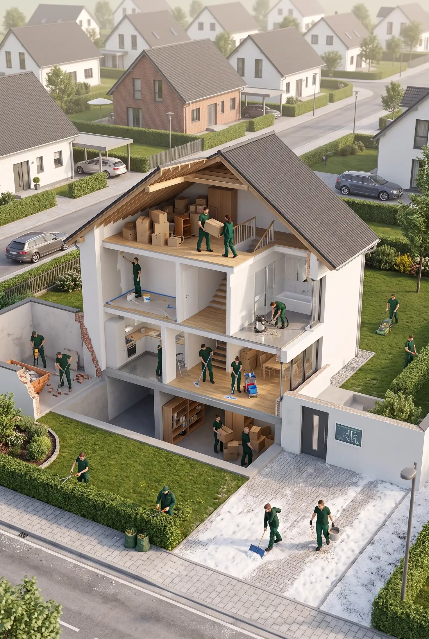 Illustration: Schnitt durch ein Wohnhaus, in dem Teams entrümpeln, reinigen, den Garten pflegen, Schnee räumen und umbauen