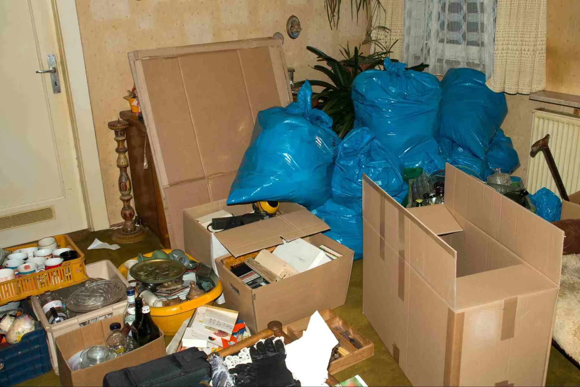 Wohnzimmer mit gepackten Kartons und blauen Säcken bei einer Wohnungsauflösung